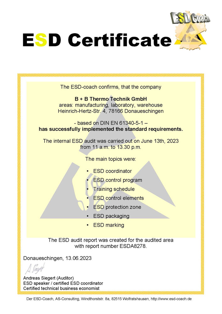 B+B Thermo-Technik | Messtechnik & Sensorik | Donaueschingen | Baden-Württemberg | ESD certificate